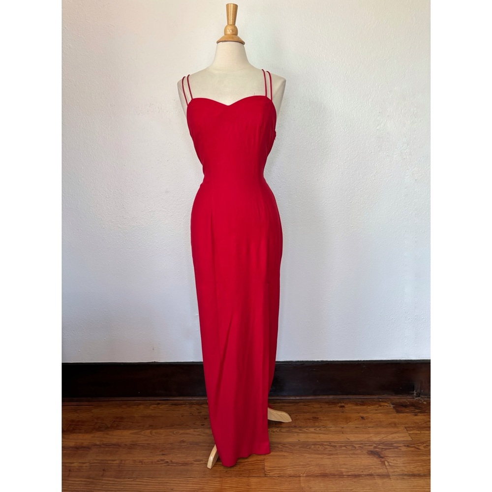 Vintage Solid Red Sleeveless Full Length Strappy Rhinestone Formal Dress - Picture 1 of 11
